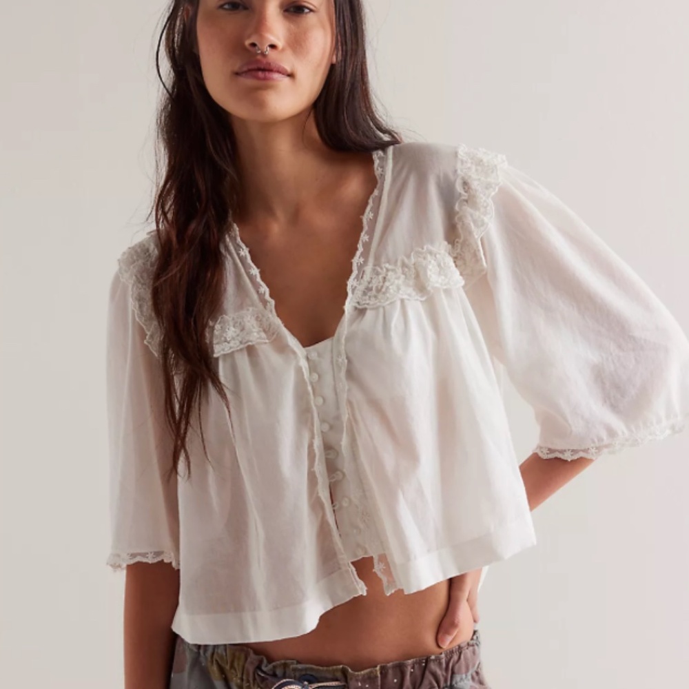 Free People White Lace Trim Blouse